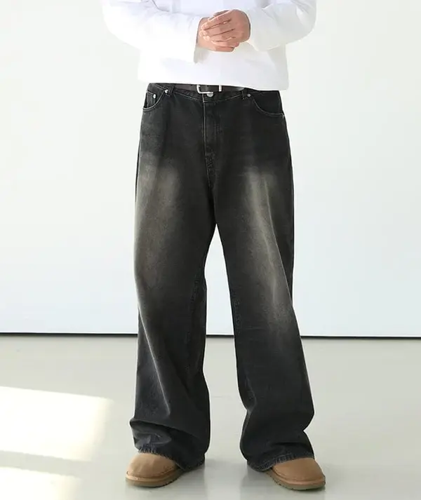 Washed Black Wide-Leg Denim Jeans